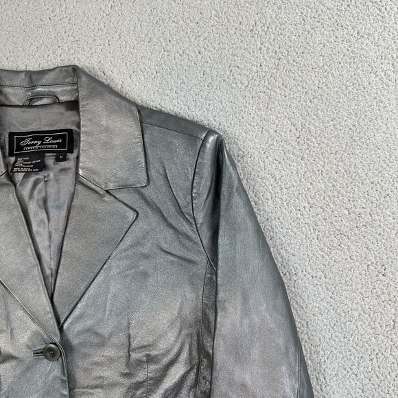 Terry Lewis Leather Blazer Jacket Women Medium Silver 3 Button Lined Luxury Coat - Picture 11 of 16